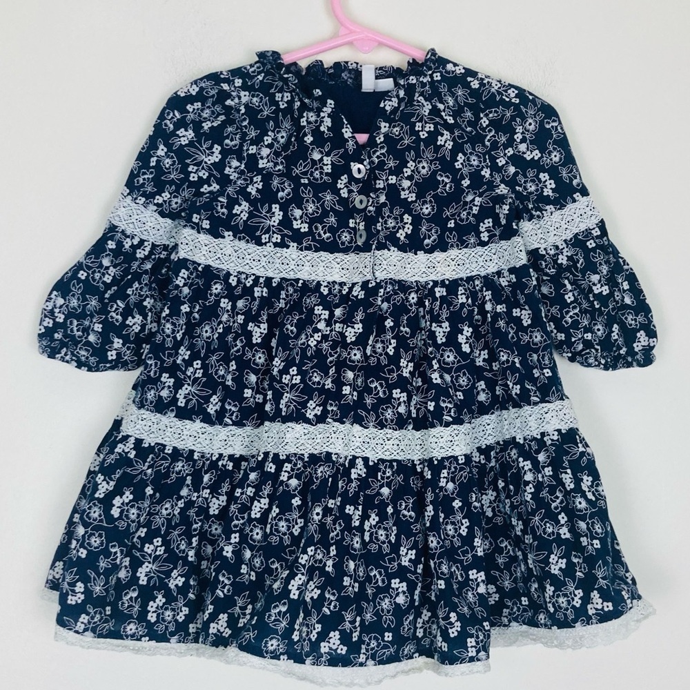 Janie and Jack navy blue with white floral pattern, long sleeve Boho dress 12-18